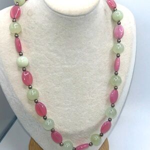 Vintage Glass Pink Green & Silvertone Beaded Necklace Spring Pastel Colors